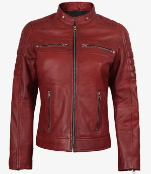 Womens Real Leather Red Waxed Biker Style Jacket