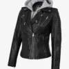 Womens Asymmetrical Black Leather Biker Style Jacket with Hood