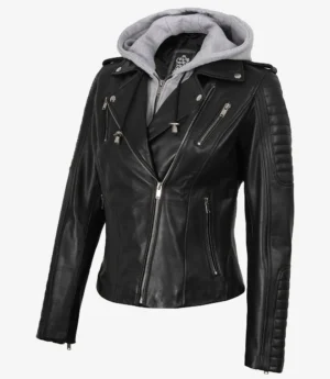 Womens Asymmetrical Black Leather Biker Style Jacket with Hood