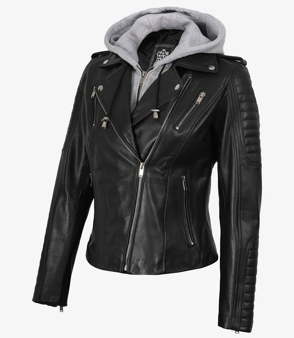 Womens Asymmetrical Black Leather Biker Style Jacket with Hood Womens Asymmetrical Black Leather Biker Style Jacket with Hood
