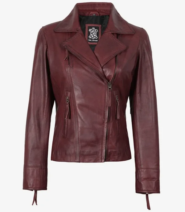 Womens Real Lambskin Leather Burgundy Biker Style Jacket