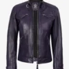 Women's Purple Biker Style Leather Jacket - Quilted Shoulder