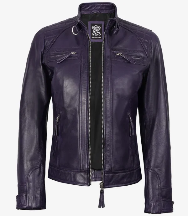Women's Purple Biker Style Leather Jacket - Quilted Shoulder
