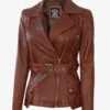 Women's Asymmetrical Cognac Wax Four-Pocket Belted Biker Style Jacket