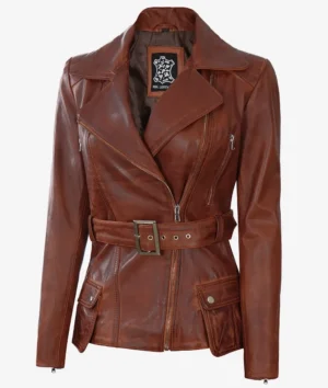Women's Asymmetrical Cognac Wax Four-Pocket Belted Biker Style Jacket