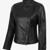 Women's Black Real Leather Jacket with Asymmetrical Zip Closure
