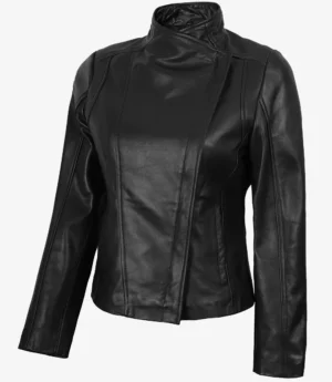 Women's Black Real Leather Jacket with Asymmetrical Zip Closure