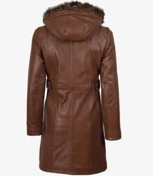Women Brown Leather Coat With Fur Trim Removable Hood