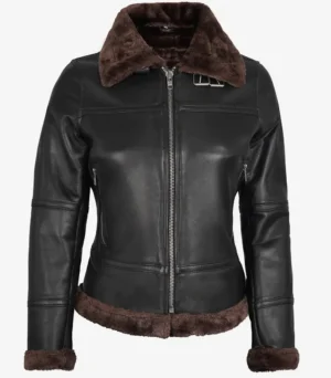 Womens Dark Brown Shearling Leather Bomber Jacket