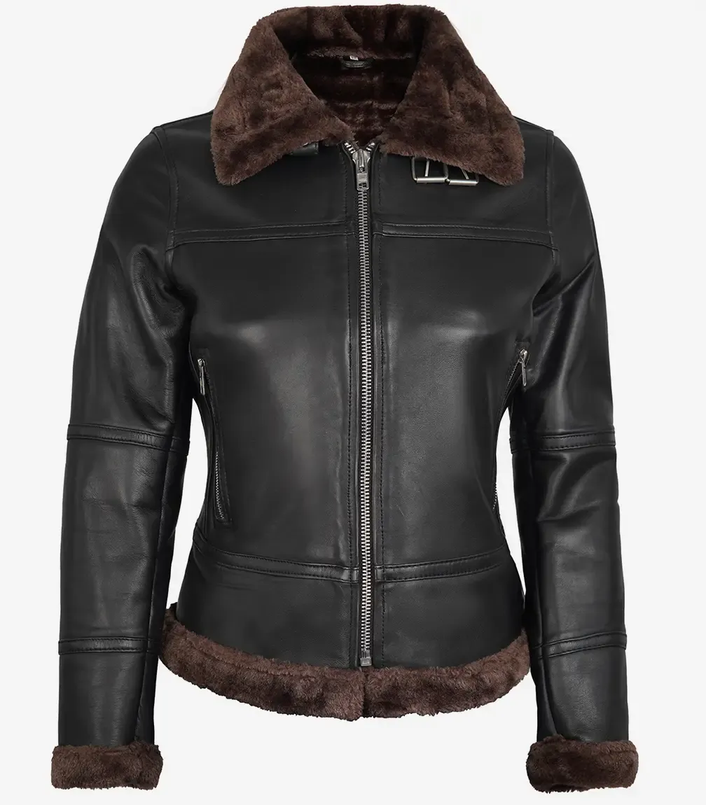 Womens Dark Brown Shearling Leather Bomber Jacket