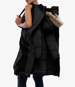 Ella Black Women's Long Puffer Parka Jacket with Faux Fur Trim Hood