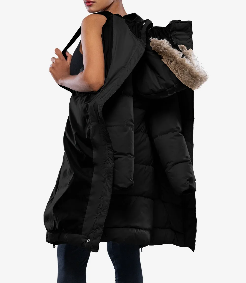 Ella Black Women's Long Puffer Parka Jacket with Faux Fur Trim Hood Ella Black Women's Long Puffer Parka Jacket with Faux Fur Trim Hood
