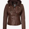 Women's Cognac Biker Style Leather Jacket with Removable Hood