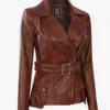 Women's Asymmetrical Cognac Wax Four-Pocket Belted Biker Style Jacket