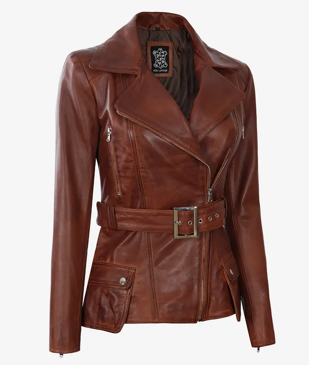 Women's Asymmetrical Cognac Wax Four-Pocket Belted Biker Style Jacket Women's Asymmetrical Cognac Wax Four-Pocket Belted Biker Style Jacket