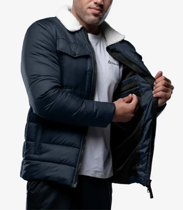 Bryce Men’s Blue Trucker-Style Puffer Jacket – Fur Collar