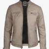 Men's Biker Style Warm Beige Waxed Leather Jacket - Quilted Shoulder