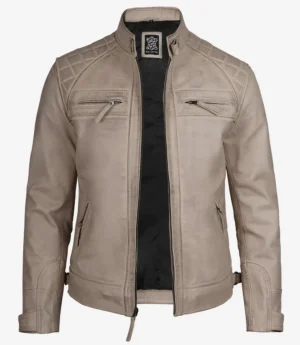 Men's Biker Style Warm Beige Waxed Leather Jacket - Quilted Shoulder