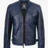 Mens Blue Waxed Quilted Shoulder Biker Style Leather Jacket