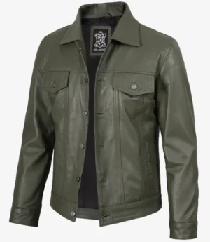 Men's Four Pockets Olive Green Trucker Leather Jacket