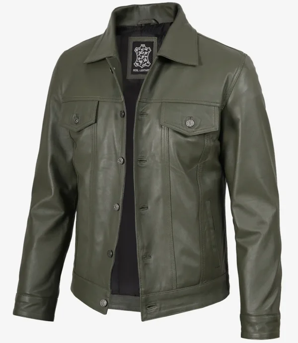 Men's Four Pockets Olive Green Trucker Leather Jacket
