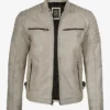 Mens Off White With Gray Wax Biker Style Leather Jacket