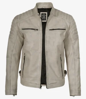 Mens Off White With Gray Wax Biker Style Leather Jacket