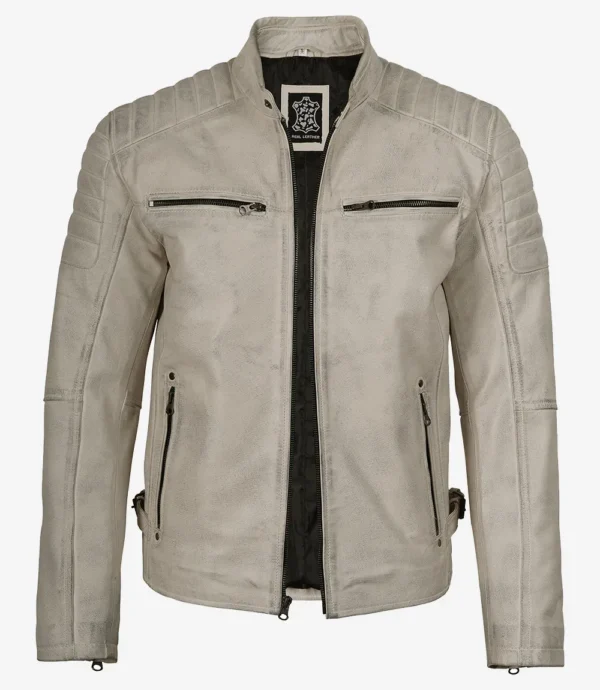 Mens Off White With Gray Wax Biker Style Leather Jacket