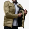 Bryce Men’s Beige Trucker-Style Puffer Jacket – Fur Collar