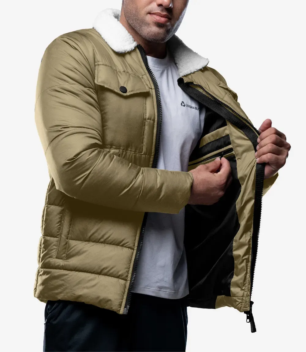 Bryce Men’s Beige Trucker-Style Puffer Jacket – Fur Collar Bryce Men’s Beige Trucker-Style Puffer Jacket – Fur Collar
