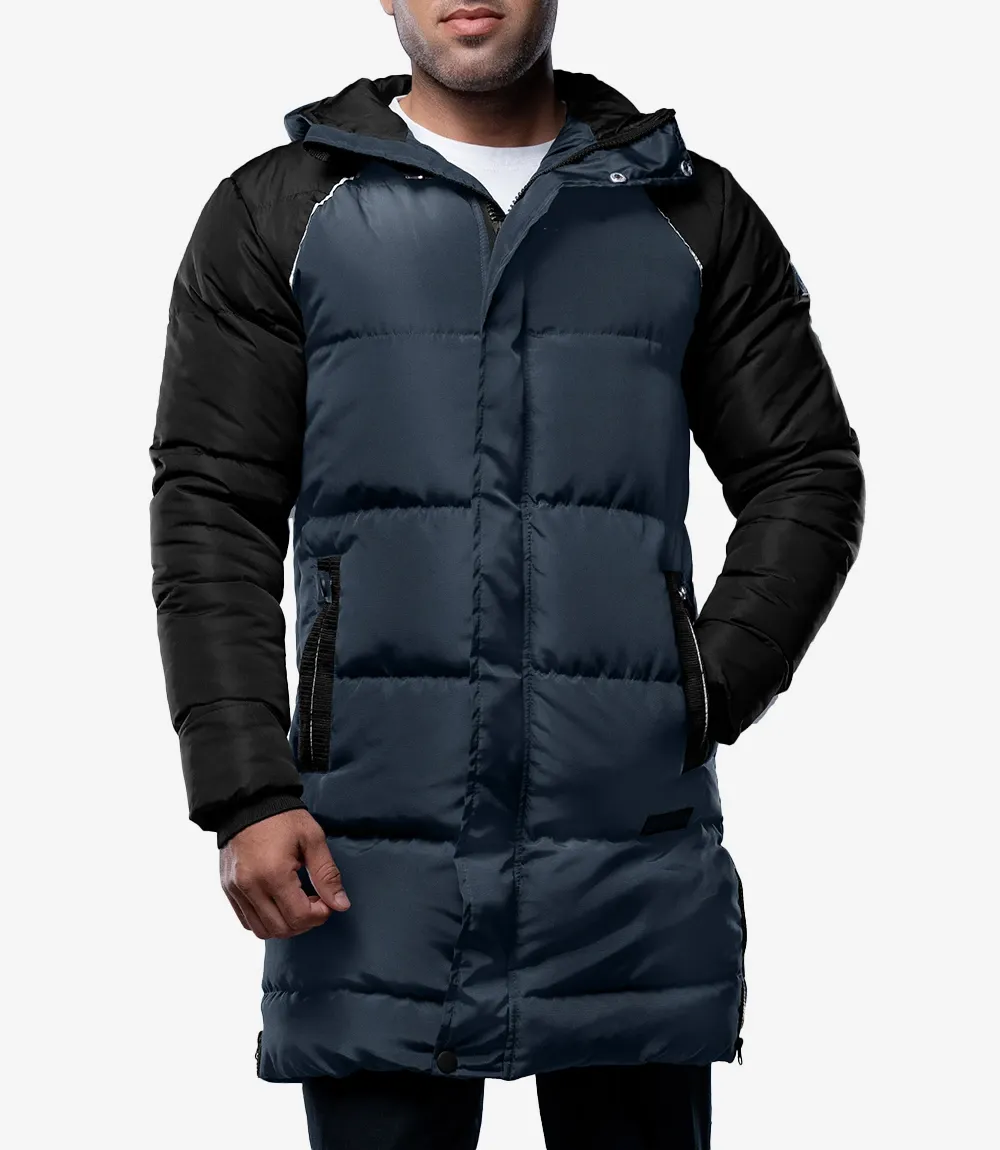 Lonnie Navy Blue & Grey Mens Long Winter Puffer Jacket - Hooded Down Coat Lonnie Navy Blue & Grey Mens Long Winter Puffer Jacket - Hooded Down Coat
