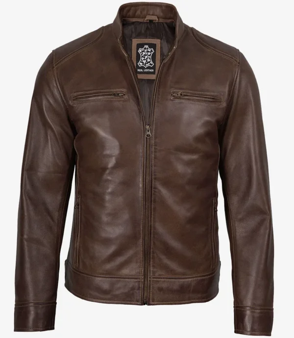 Dodge Men's Waxed Chocolate Brown Biker Style Leather Jacket