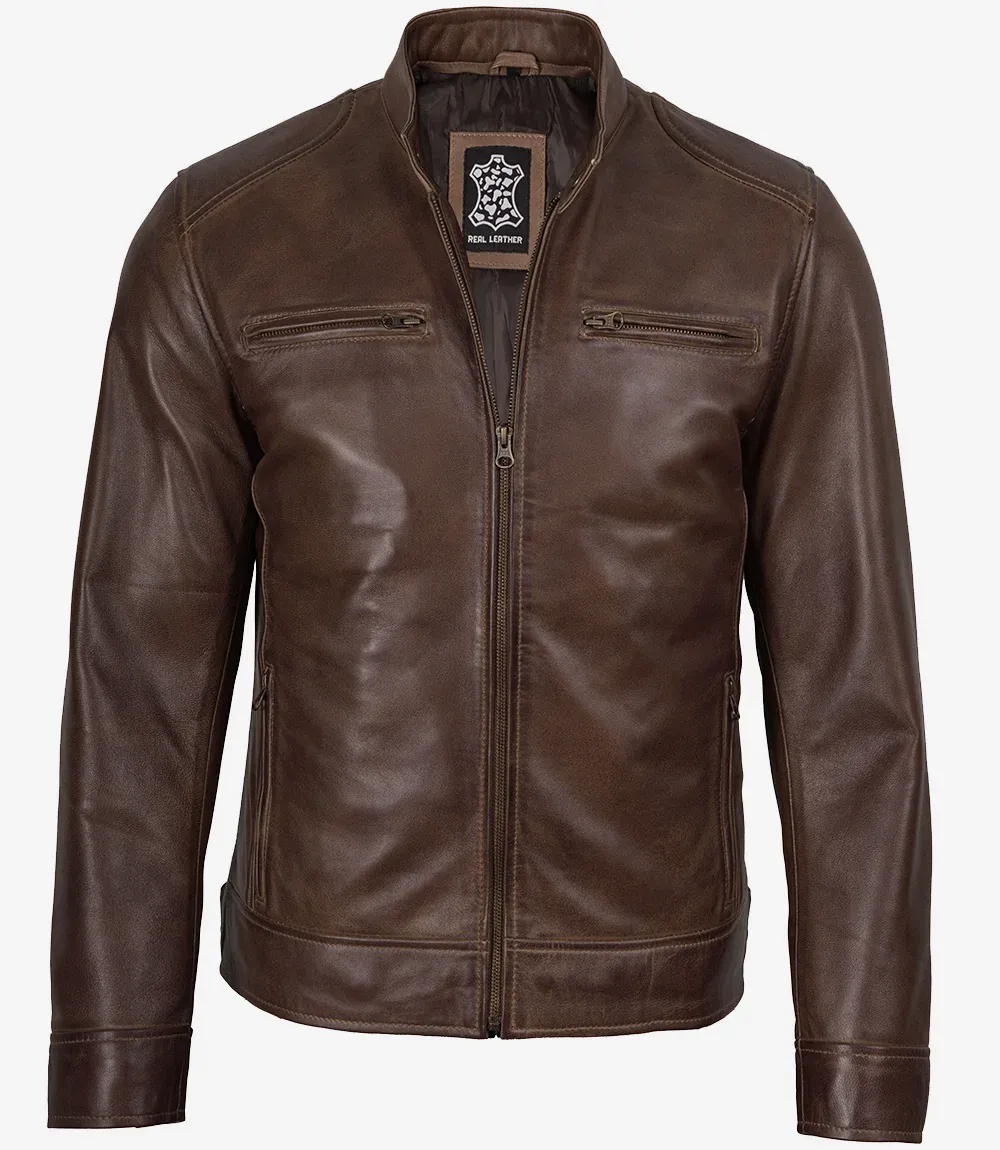 Dodge Men's Waxed Chocolate Brown Biker Style Leather Jacket Dodge Men's Waxed Chocolate Brown Biker Style Leather Jacket