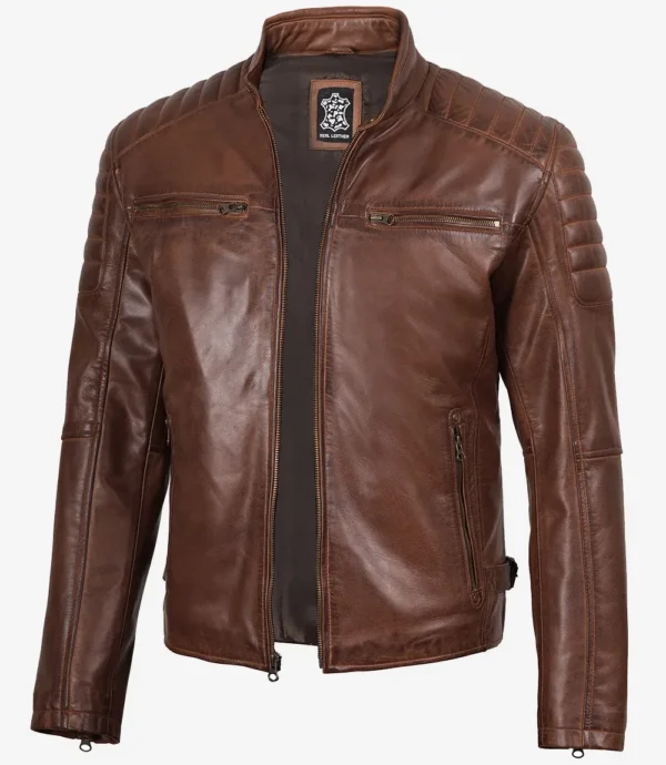 Mens Cognac Waxed Biker Style Leather Jacket