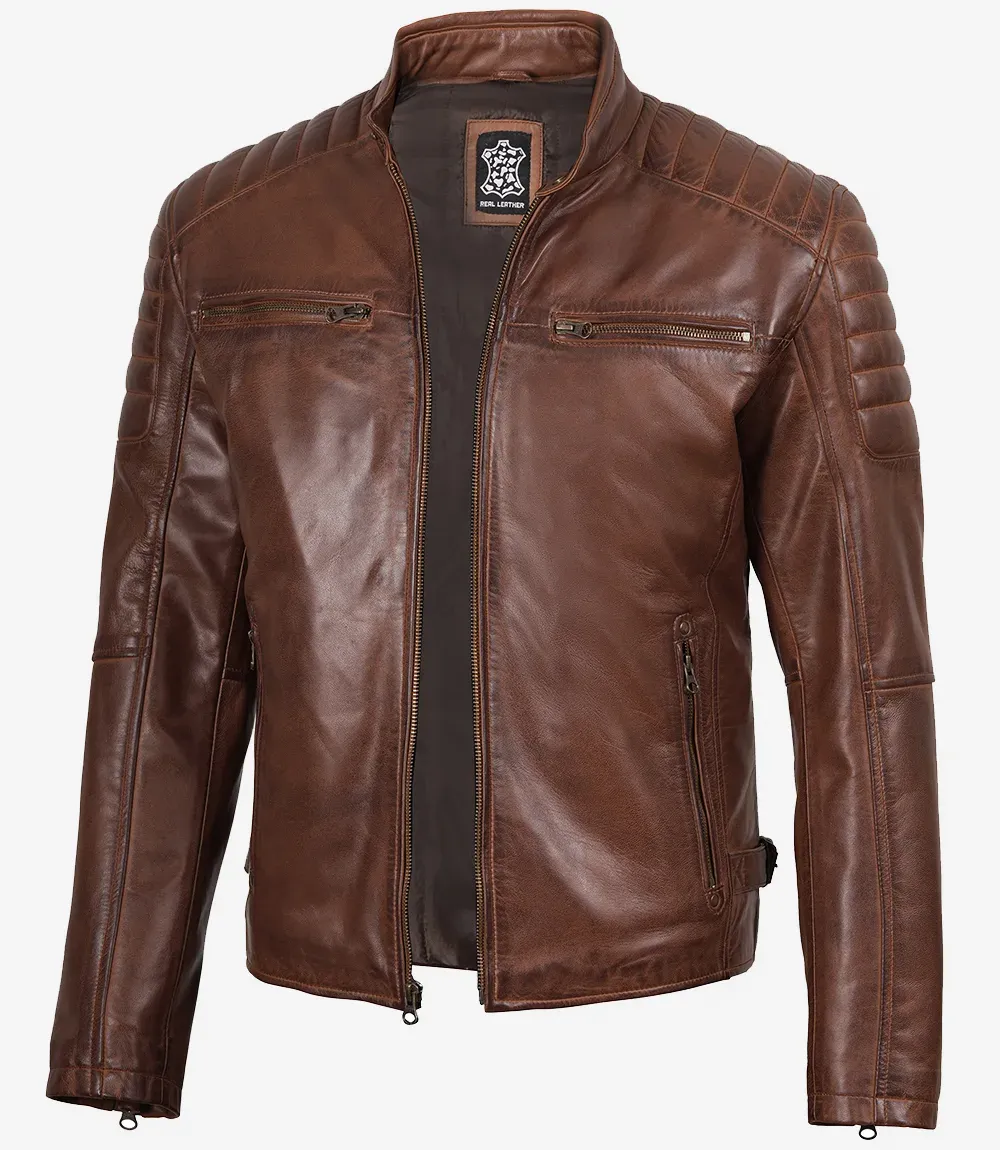 Mens Cognac Waxed Biker Style Leather Jacket Mens Cognac Waxed Biker Style Leather Jacket