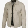 Mens Four Pockets Off White Leather Trucker Jacket