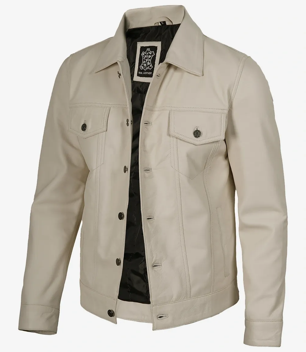 Mens Four Pockets Off White Leather Trucker Jacket Mens Four Pockets Off White Leather Trucker Jacket