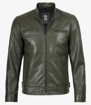 Dodge Olive Green Biker Style Leather Jacket for Men