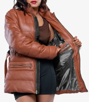 Robin Womens Vegan Leather Duck Down Cognac Puffer Jacket