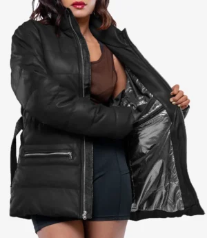 Robin Womens Vegan Leather Duck Down Black Puffer Jacket