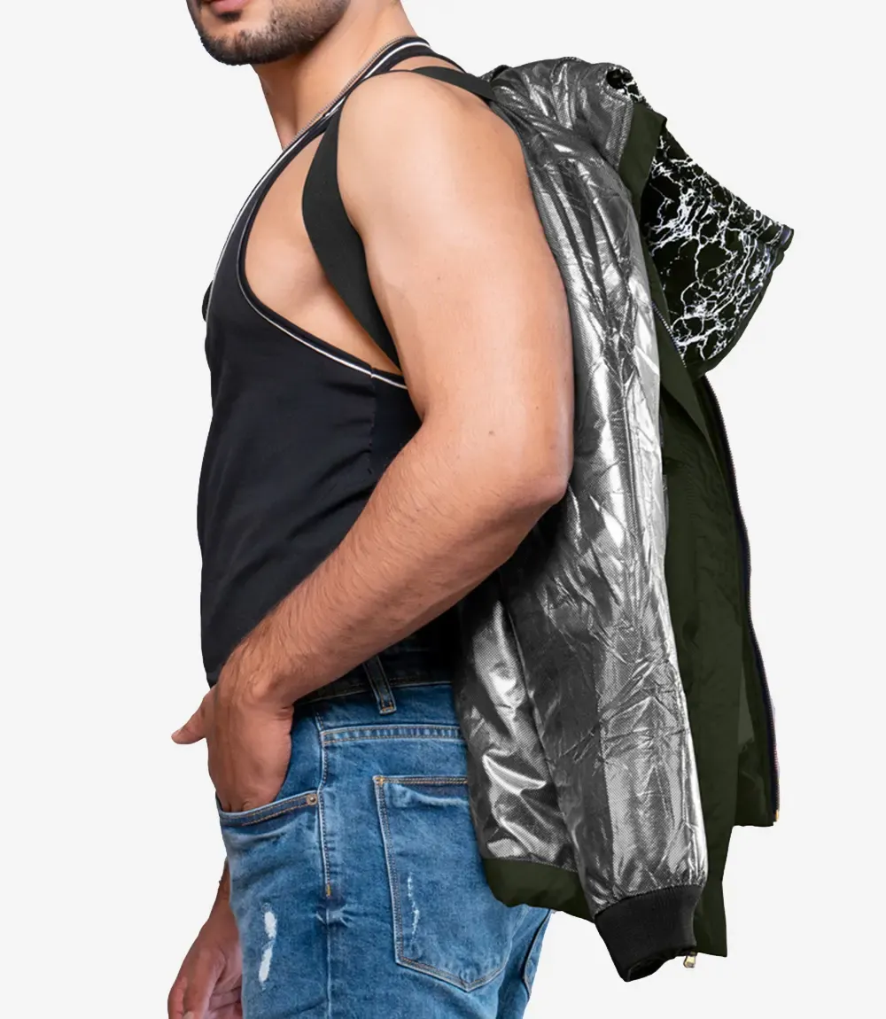 Karter Mens Duck Down Army Green Patterned Puffer Jacket With Hood Karter Mens Duck Down Army Green Patterned Puffer Jacket With Hood