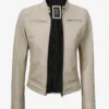 Dodge Beige Biker Style Leather Jacket for Women