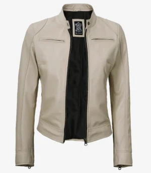 Dodge Beige Biker Style Leather Jacket for Women