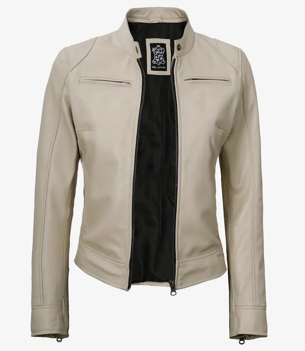 Dodge Beige Biker Style Leather Jacket for Women Dodge Beige Biker Style Leather Jacket for Women