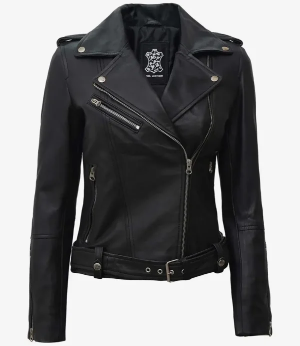 Margaret Womens Black Biker Style Leather Jacket With Belt