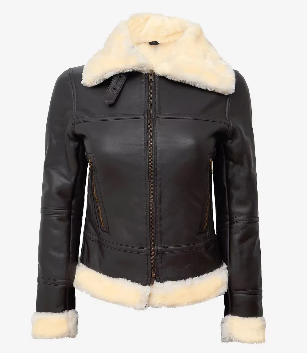 Women's Dark Brown B3 Leather Bomber Shearling Jacket Women's Dark Brown B3 Leather Bomber Shearling Jacket