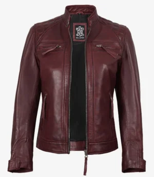 Women's Burgundy Real Lambskin Leather Biker Style Jacket