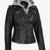 Womens Asymmetrical Black Leather Biker Style Jacket with Hood