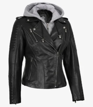 Womens Asymmetrical Black Leather Biker Style Jacket with Hood