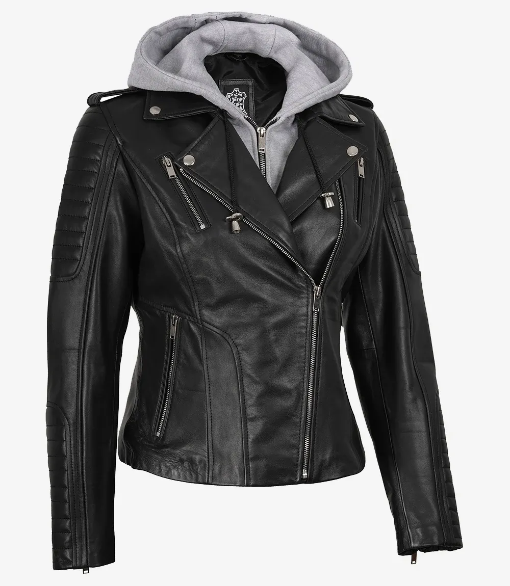 Womens Asymmetrical Black Leather Biker Style Jacket with Hood Womens Asymmetrical Black Leather Biker Style Jacket with Hood